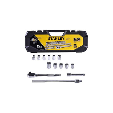 [STMT80703-840] -Juego De 15 Piezas, Raiz De 1/2 Pulgadas, Copas 6 Puntos, Metricas Con Maleta Plastica. Marca Stanley