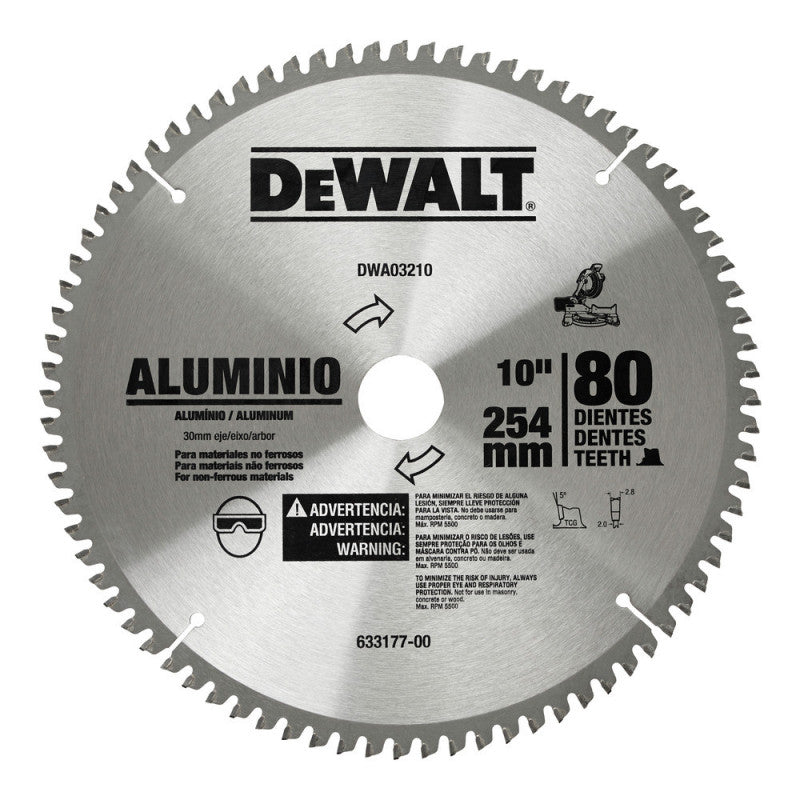 [DWA03210] -Disco De Sierra, 10 Pulg, Eje 30 Mm Adaptador De 1, 5/8, 3/4 Pulg, 80 Dientes De Carburo, P/Aluminio. Marca Dewalt