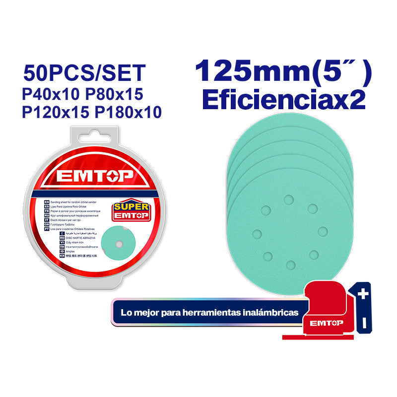 [ESPR125050] -Paquete De 50 Discos De Lija Con Velcro, Grano Surtido, 40, 80, 120 Y 180. Emtop