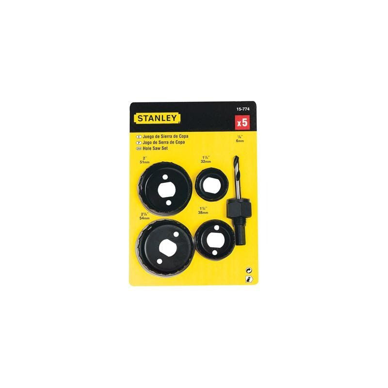 [15-774] -Set De 5 Piezas, 4 Brocas Sierras Y 1 Mandril, Corta Circulo, Madera, Plastico Y Aluminio. Marca Stanley