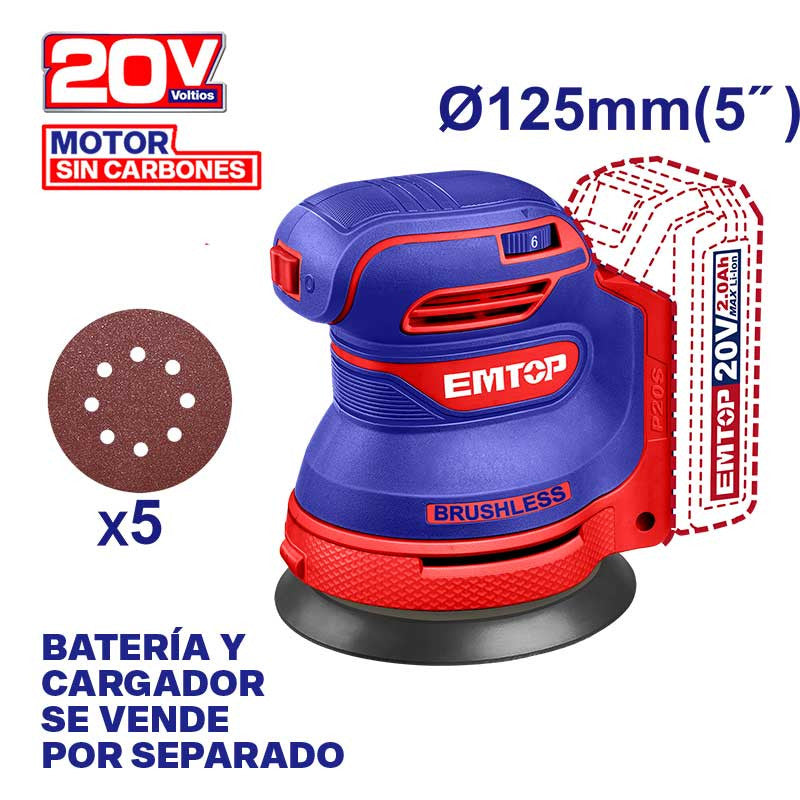 [ELROS2002] -Lijadora Roto-Orbital Inalambrica, 20v. 5 Pulgadas, Sin Bateria Ni Cargador, (Bare Tool). Emtop