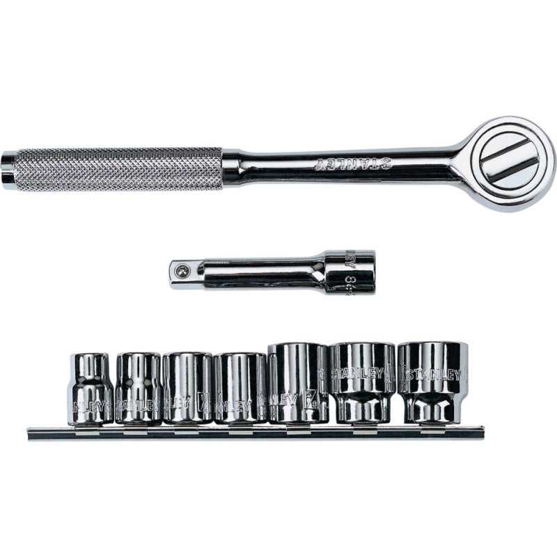 [86-219] -Juego De 9 Piezas, Copas En Pulgadas, Raiz De 3/8 Pulg, Con Ratchet Extension Y Portacopas. Marca Stanley