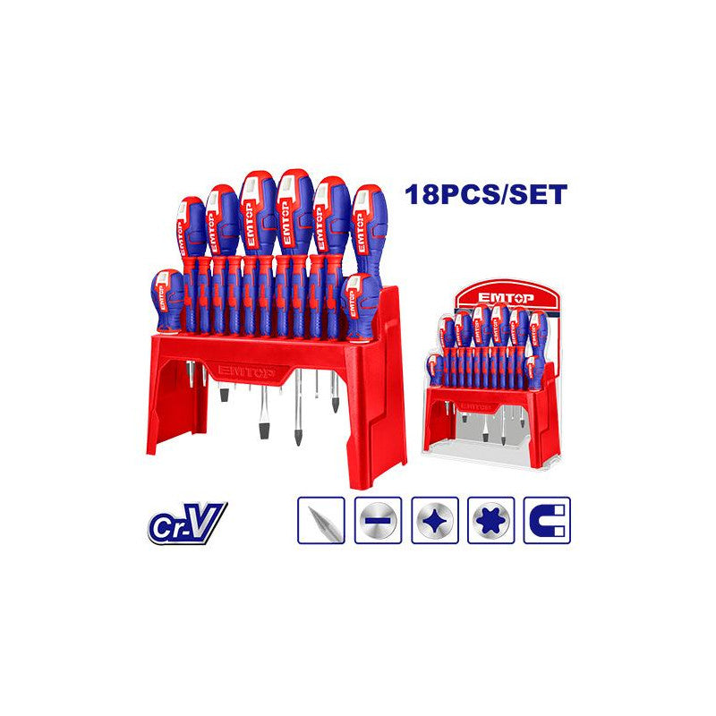 [ESST1802] -Juego De 18 Destonilladores, 4 Planos 4 Phillips Y 10 De Presicion Con Organizador Plastico. Marca Emtop