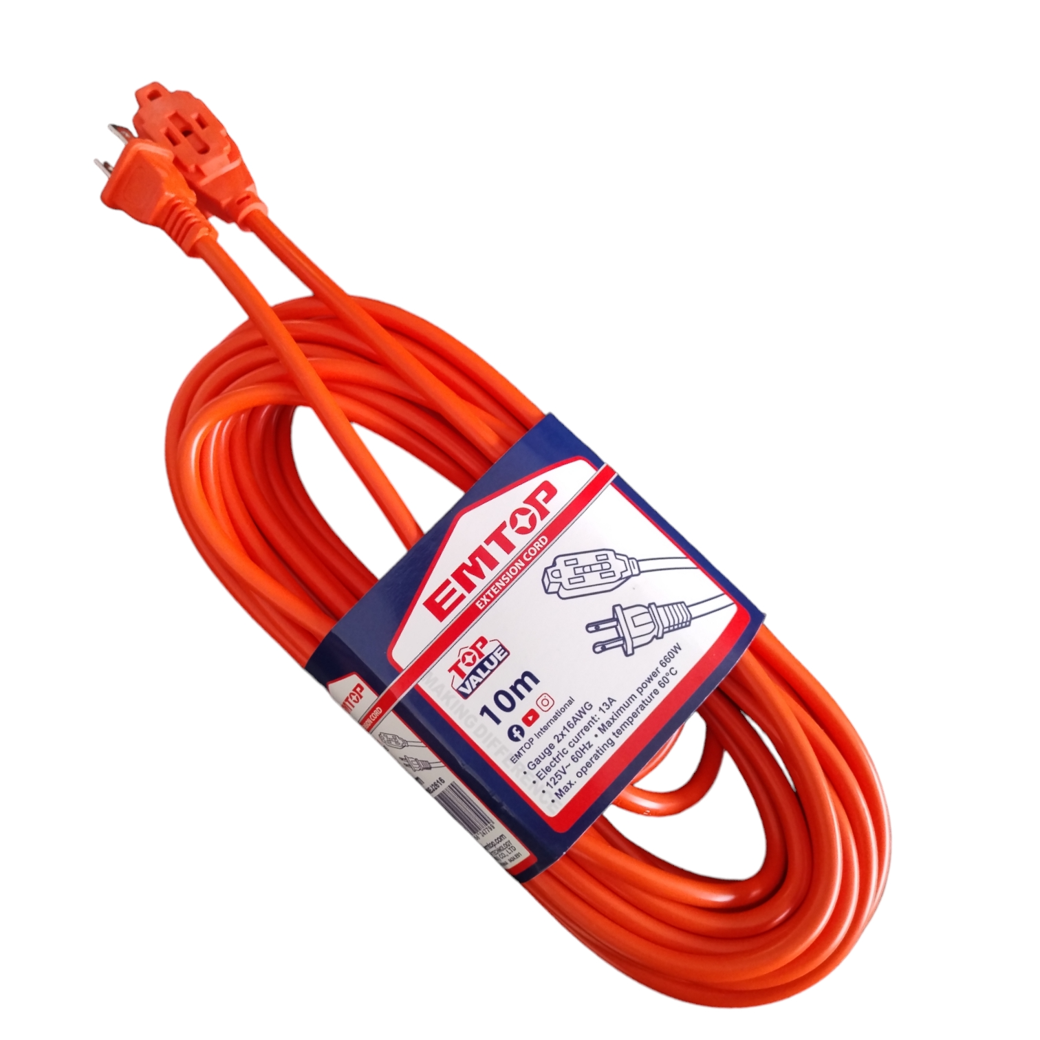 EXTENSION ELECTRICA NARANJA, DE 10 METROS, CALIBRE 2X16 AWG. EMTOP