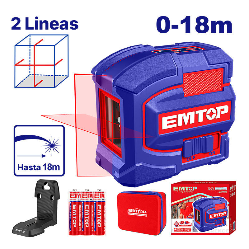 [ESLE21503] -Nivel Laser, 18 Metros, 2 Lineas Rojas, Linea Horizontal Y Vertical. Emtop