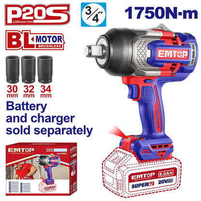 [ECIWL201751] -Llave De Impacto Inalambrica 3/4, 20v, Brushless, 1750nm, Incluye 3 Copas Mm, Sin Bateria Ni Cargador, Bare Tool. Emtop