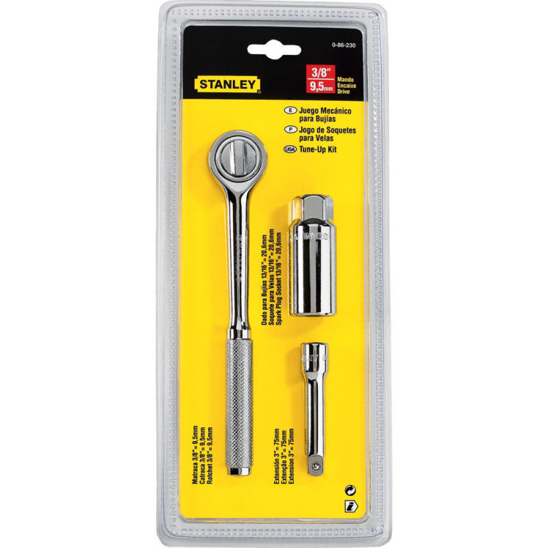 [86-230] -Juego De 3 Piezas Para Bujias, Raiz De 3/8 Pulgadas, Ratchet, Extension, Copa Medida De 13/16 Pulgadas. Marca Stanley