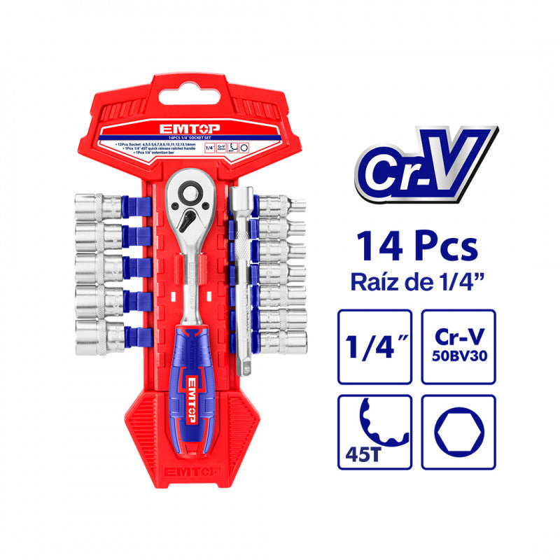 [ESKT14141] -Juego De 14 Copas/Dados/Cubos Metricas, Raiz De 1/4 , Con Ractch Y Barra De Extension. Marca Emtop