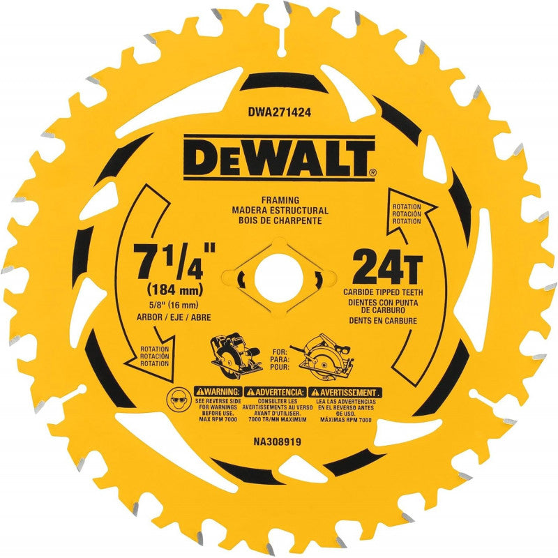[DWA271424B10] -Disco De Sierra, 7-1/4 Pulg, Eje 5/8 Pulg, 24 Dientes De Carburo, Para Madera Estructural, A Granel. Dewalt