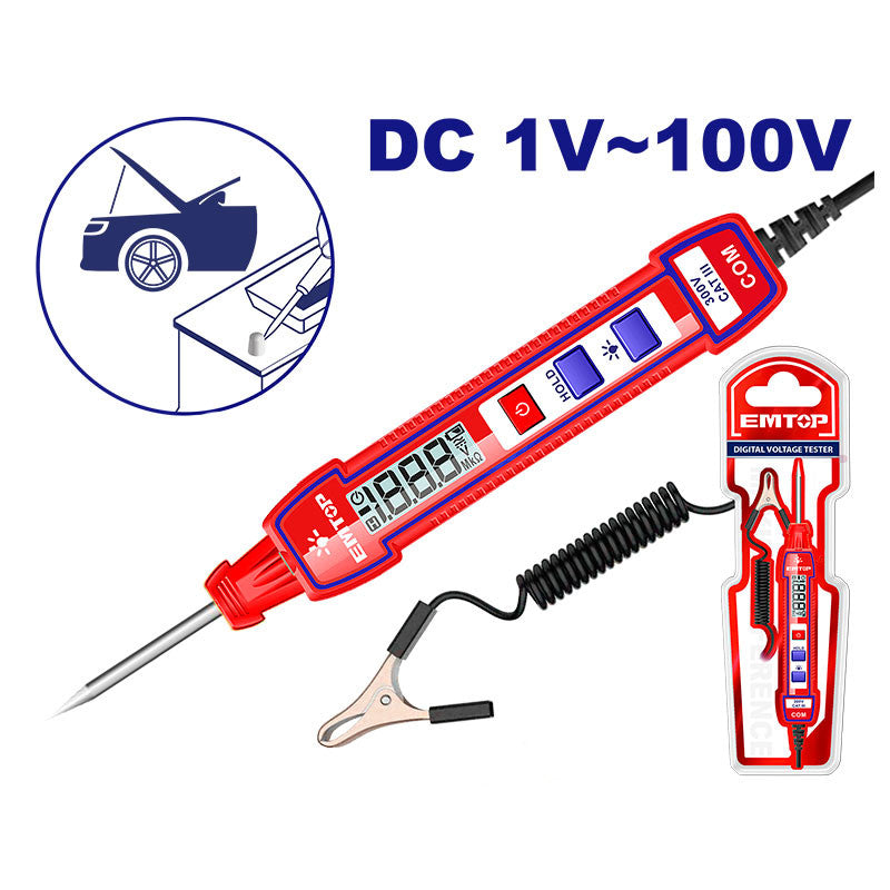 [ETPL41001] -Probador De Circuito Automotriz. 1 A 100 V. Pantalla Digital, Linterna. Emtop