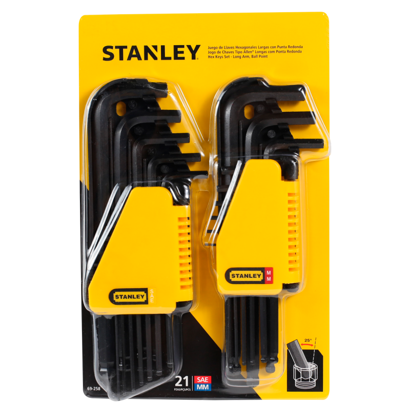 [69-258] -Juego 21 Llaves Heagonales/Allen Largas Con Punta Redonda, En Pulgadas Y Milimetricas. Marca Stanley