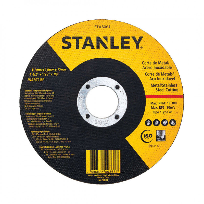 CAJA DE 25 DISCOS ABRASIVOS CORTE METAL 4,1/2″ X 1mm STANLEY STA8061