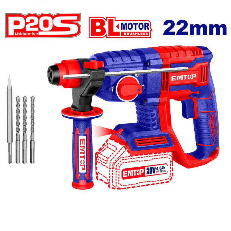 [ELRH20208] -Rotomartillo Inalambrico De 20 Volt, Sds Plus, Brushless, 0-1100rpm, 2 Joules, Sin Bateria Ni Cargador. Emtop