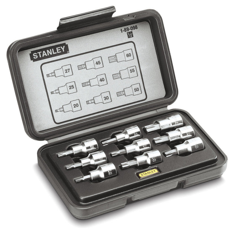 JUEGO DE 9 COPAS TORX, RAIZ DE 1/2 PULGADA, CON CAJA PLASTICA. MARCA STANLEY