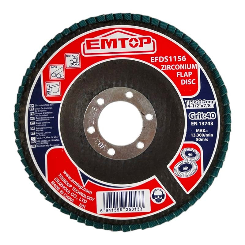 DISCO LAMINADO DE ZIRCONIO 4-1/2 X 7/8 PULGADA, GRANO 40. MARCA EMTOP