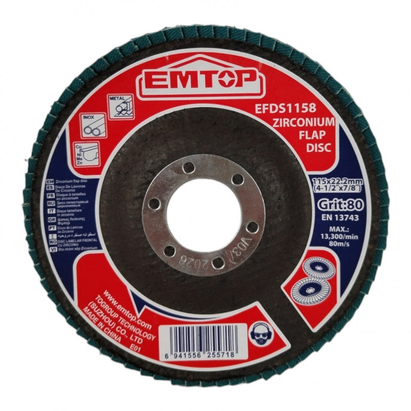 DISCO LAMINADO DE ZIRCONIO 4-1/2 X 7/8 PULGADA, GRANO 80. MARCA EMTOP