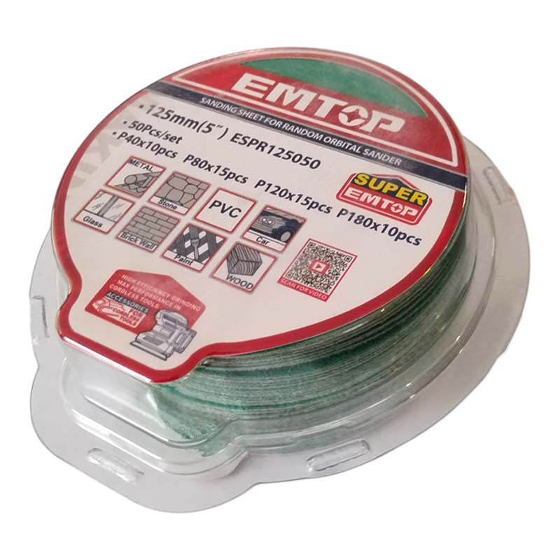 [ESPR125050] -Paquete De 50 Discos De Lija Con Velcro, Grano Surtido, 40, 80, 120 Y 180. Emtop