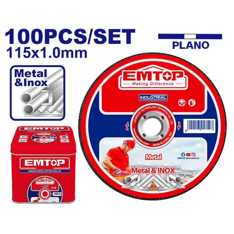 Caja 100 Discos Abrasivos, Planos, 4-1/2 X 3/64 X 7/8 Pulg, Corte Metal Y Acero Inoxidable, 115Mm X 1Mm X 22.2Mm. Emtop