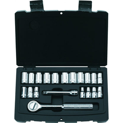 JUEGO DE 20 HERRAMIENTAS MECANICAS, RAIZ DE 1/4,  COPAS EXTENSIONES Y RATCHET CON MALETA PLASTICA. MARCA STANLEY