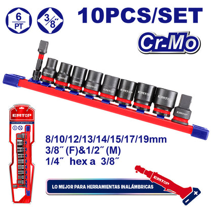 SET 10 PIEZAS DE IMPACTO, RAIZ 3/8 PULG, 2 ADAPTADORES Y 8 COPAS MILIMETRICAS. 8,10,12,13,14,15,17,19. EMTOP