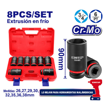 SET 8 COPAS DE IMPACTO, RAIZ 3/4 PULG. MILIMETRICAS. 26, 27, 29, 30, 32, 35, 36 Y 38. EMTOP