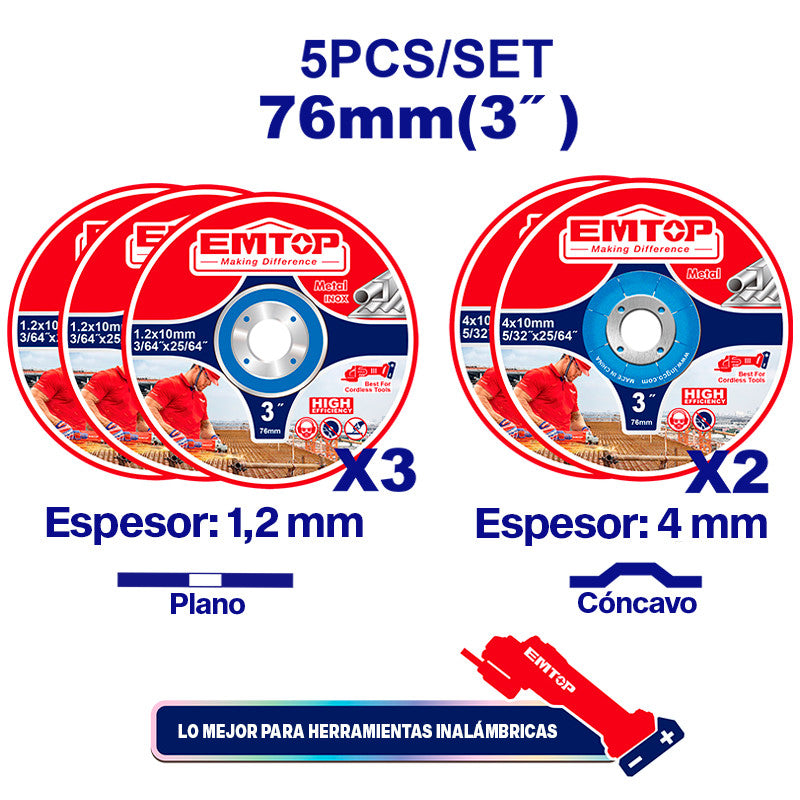 [EACD303768] Juego de 5 discos abrasivos EMTOP de 3" para metal