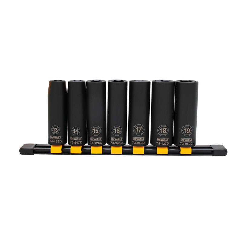 JUEGO DE 7 COPAS LARGAS DE IMPACTO MILIMETRICAS, RAIZ 1/2, COPAS 13, 14, 15, 16, 17, 18 Y 19 MILIMETROS. DEWALT