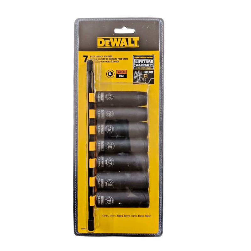 JUEGO DE 7 COPAS LARGAS DE IMPACTO MILIMETRICAS, RAIZ 1/2, COPAS 13, 14, 15, 16, 17, 18 Y 19 MILIMETROS. DEWALT