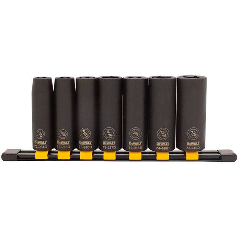 [DWMT74448OSP] -Juego De 7 Copas Largas De Impacto En Pulgadas Raiz 1/2, Incluye 1/2, 9/16, 5/8, 11/16, 3/4, 13/16 Y 7/8 Plg. Dewalt