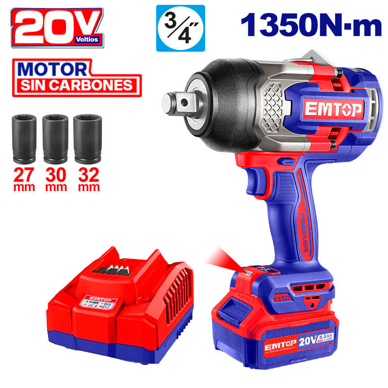 LLAVE DE IMPACTO INALAMBRICA 3/4, 20V, BRUSHLESS, 1350NM, SIN BATERIA NI CARGADOR, BARE TOOL. EMTOP