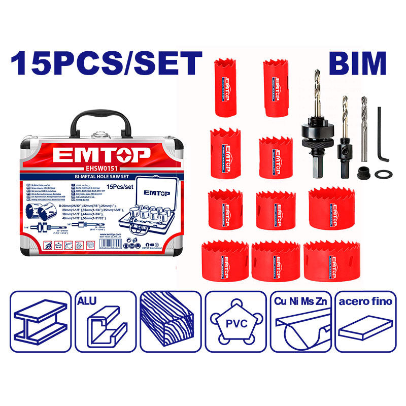 [EHSW0151] -Juego De Broca Sierras Bimetalicas, 15 Piezas, Brocas, Mandriles Y Adaptadores. Emtop