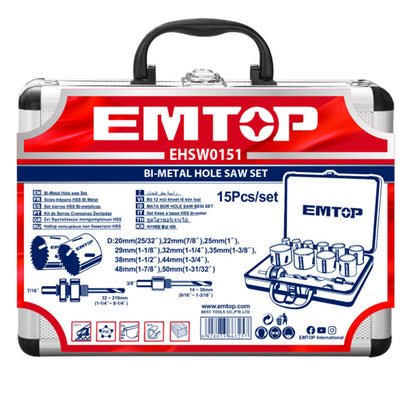 [EHSW0151] -Juego De Broca Sierras Bimetalicas, 15 Piezas, Brocas, Mandriles Y Adaptadores. Emtop