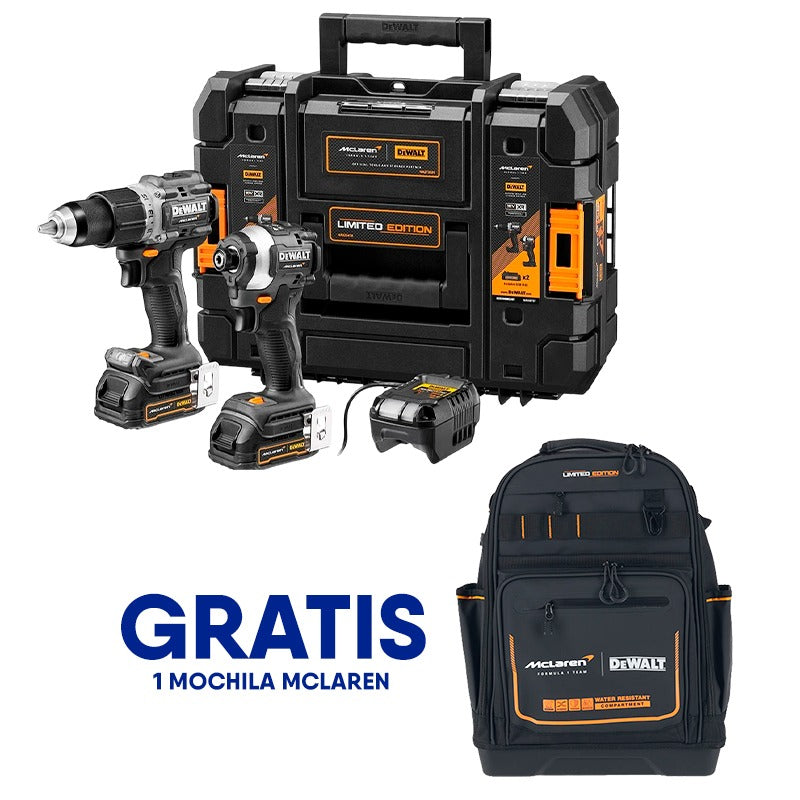 MCLAREN. COMBO BARRENO PERCUTOR Y ATORNILLADOR DE IMPACTO,INALAMBRICO, 20V, BRUSHLESS. GRATIS MOCHILA MCLAREN. DEWALT