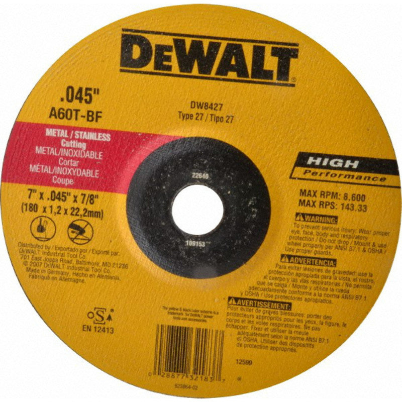 [DW8427]-DISCO ABRASIVO CONCAVO, 7 X 1/16 X 7/8 PULG, ACERO INOXIDABLE, ALEMAN. MARCA DEWALT