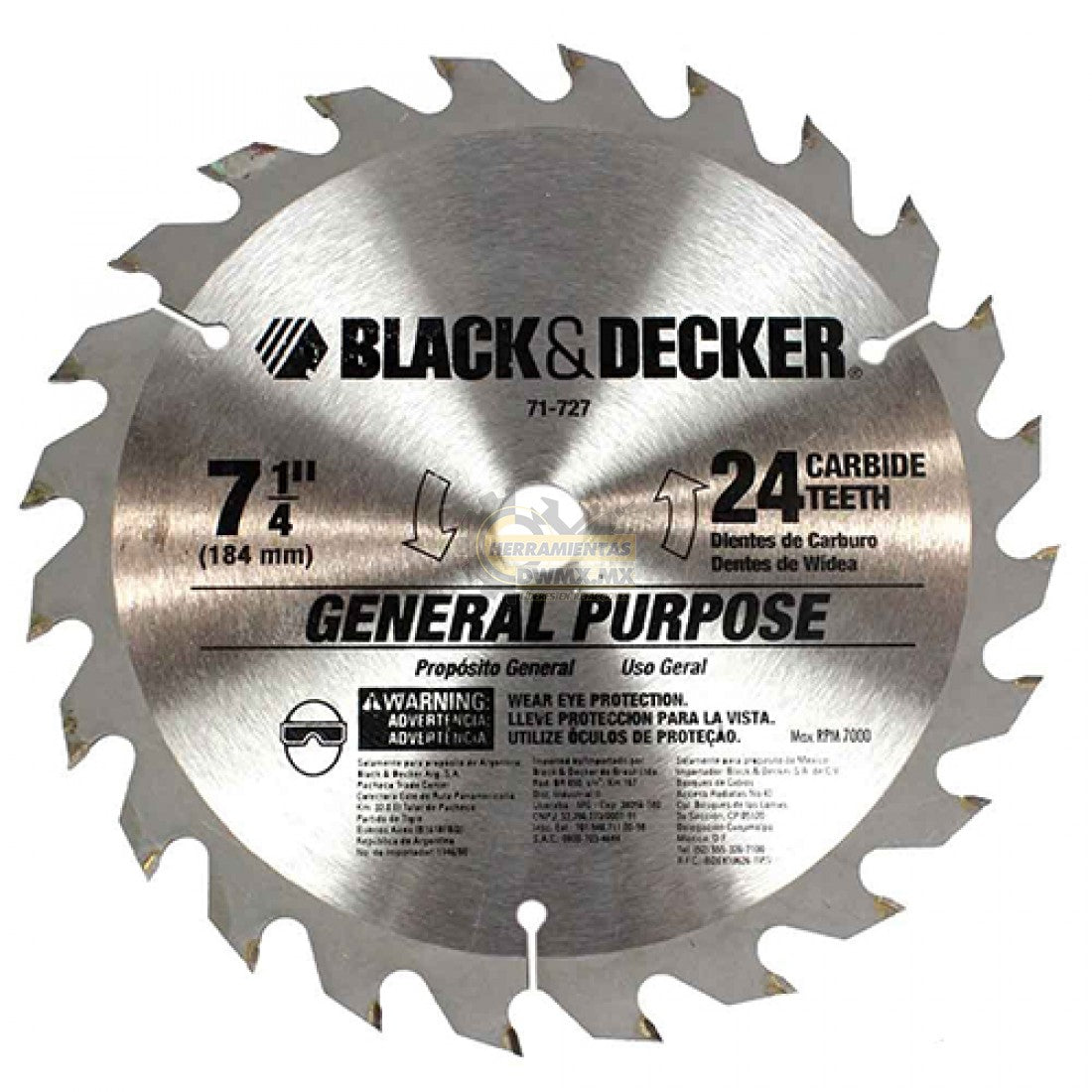 [71-727] -Disco De Sierra, 7-1/4 Pulg, Eje 5/8 Pulg, 24 Dientes De Carburo, Para Uso General En Madera. Marca Black And Decker