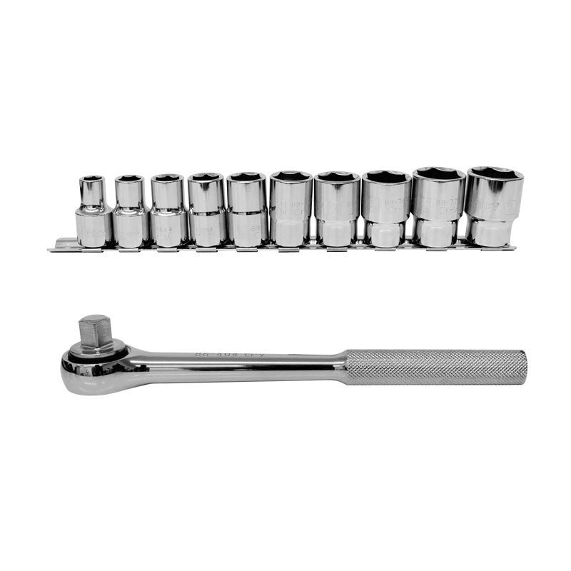 [86-735] -Juego 11 Piezas, Copas 6 Puntos Raiz De 1/2 Pulgada, En Pulgadas Con Ratchet Y Portacopas. Marca Stanley