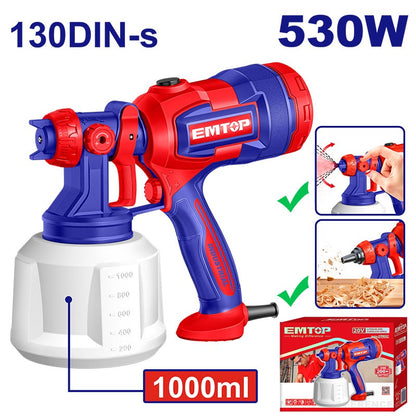 Pistola de Pintar Eléctrica 530W 1,000 ml Flujo Ajustable Viscosidad 130 DIN-S | EMTOP ULSGN4506