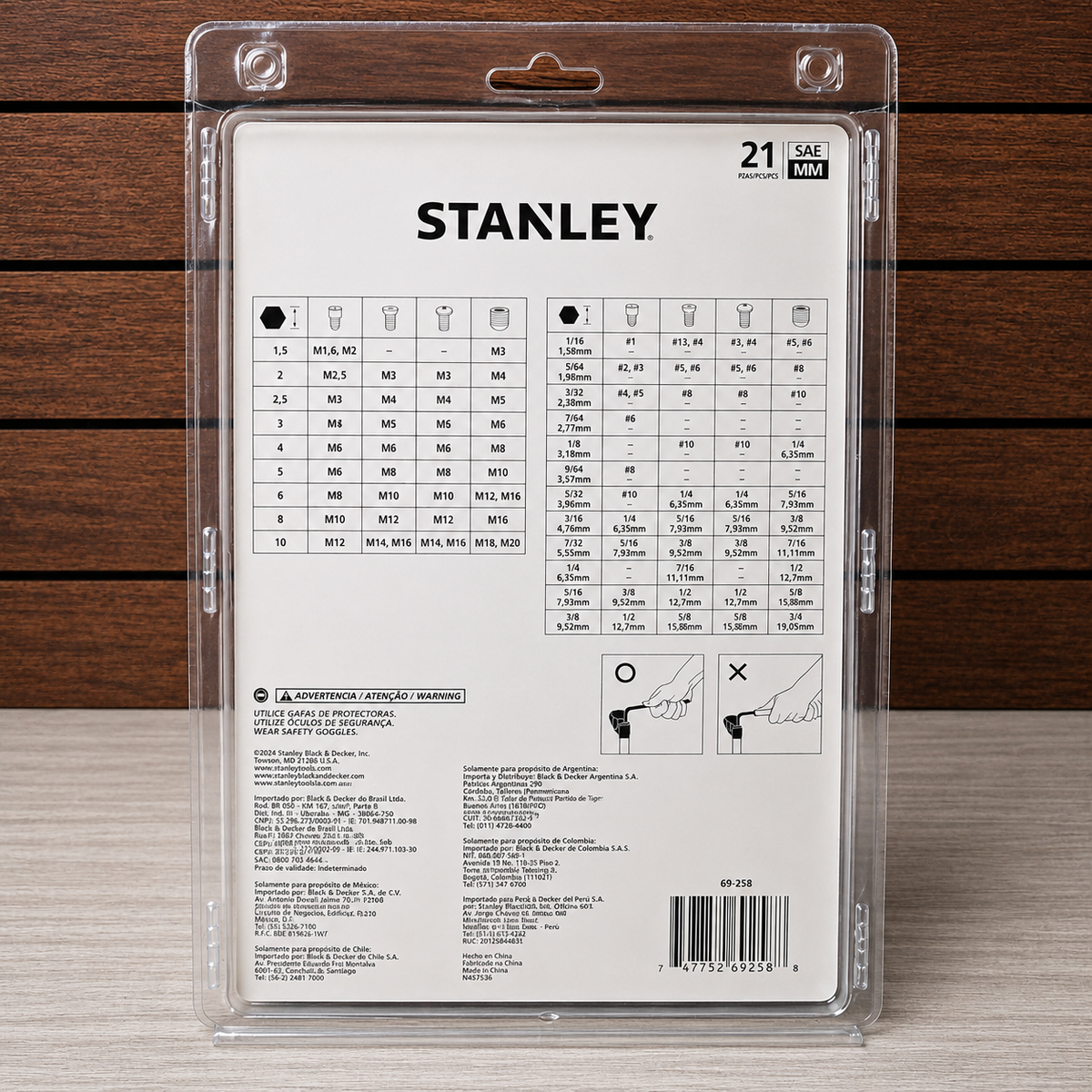 [69-258] -Juego 21 Llaves Heagonales/Allen Largas Con Punta Redonda, En Pulgadas Y Milimetricas. Marca Stanley