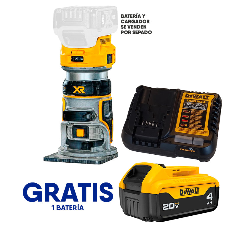 Router Inalambrico 20v, Brushless, Vv Hasta 25,500 Rpm, Collet 1/4. Incluye Cargador. Gratis Bateria Dcb204yy. Dewalt