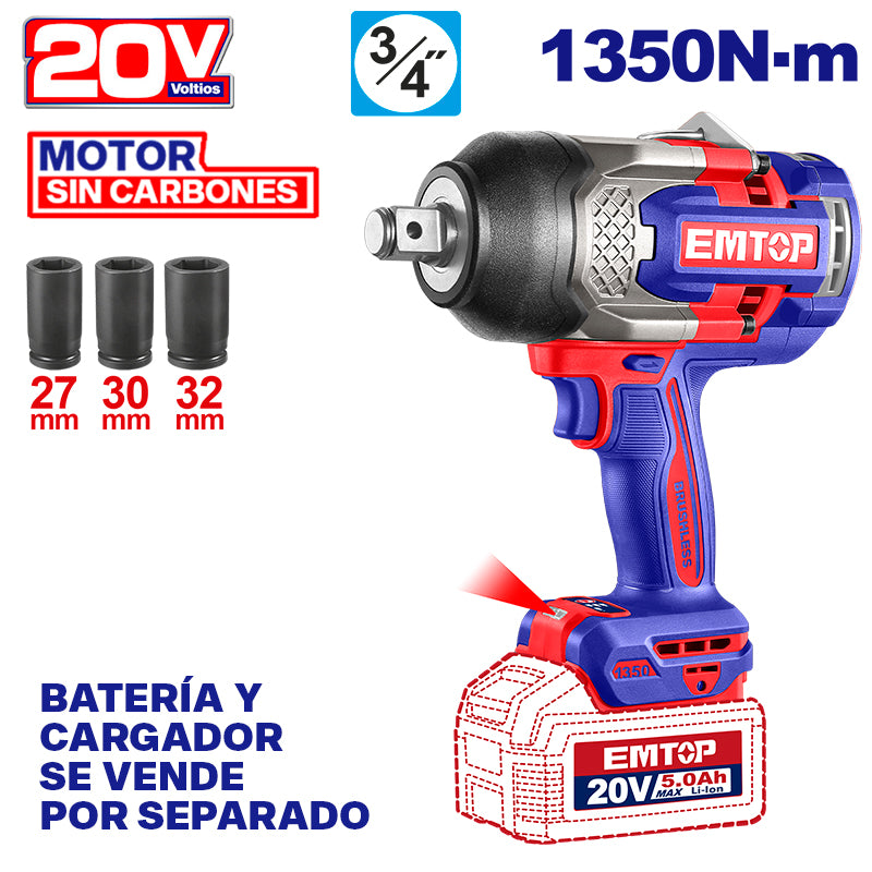 LLAVE DE IMPACTO INALAMBRICA 3/4, 20V, BRUSHLESS, 1350NM, INCLUYE 3 COPAS MM, SIN BATERIA NI CARGADOR, BARE TOOL. EMTOP