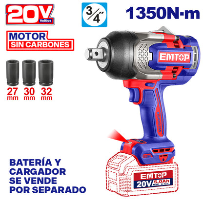 LLAVE DE IMPACTO INALAMBRICA 3/4, 20V, BRUSHLESS, 1350NM, INCLUYE 3 COPAS MM, SIN BATERIA NI CARGADOR, BARE TOOL. EMTOP