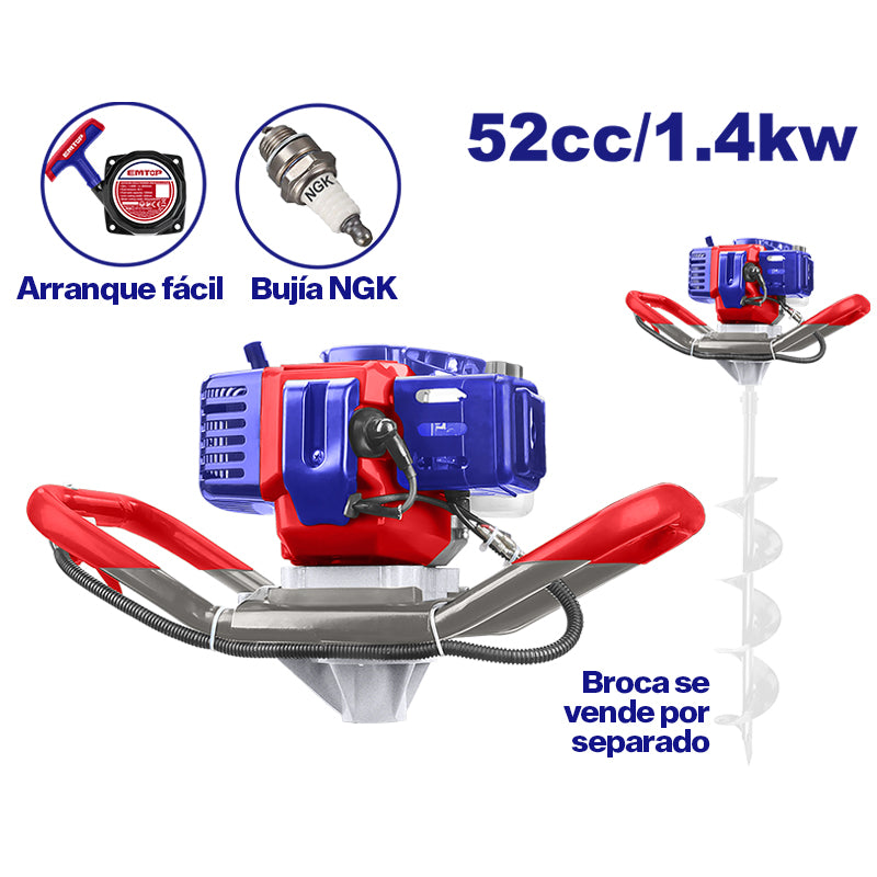 Ahoyador A Gasolina 52cc, 1.4kw, Motor 2 Tiempos, 0-265 Rpm, Tanque 1200ml. Broca Se Vende Por Separado. Emtop