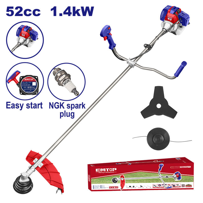 Desbrozadora A Gasolina 52cc, 2hp, Corte 420mm, Cuchilla 255mm, Motor 2 Tiempos Tanque 1.2l. Emtop