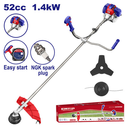 Desbrozadora A Gasolina 52cc, 2hp, Corte 420mm, Cuchilla 255mm, Motor 2 Tiempos Tanque 1.2l. Emtop