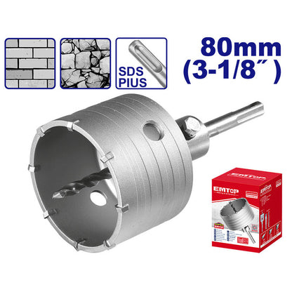 SIERRA COPA 3-1/8 PLG. PARA CONCRETO, DIENTES DE CARBURO, ENCASTRE SDS PLUS, CON ADAPTADOR Y BROCA GUIA. EMTOP