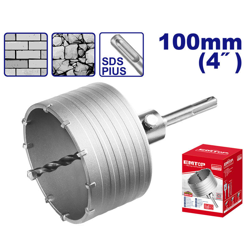 SIERRA COPA 4 PLG. PARA CONCRETO, DIENTES DE CARBURO, ENCASTRE SDS PLUS, CON ADAPTADOR Y BROCA GUIA. EMTOP