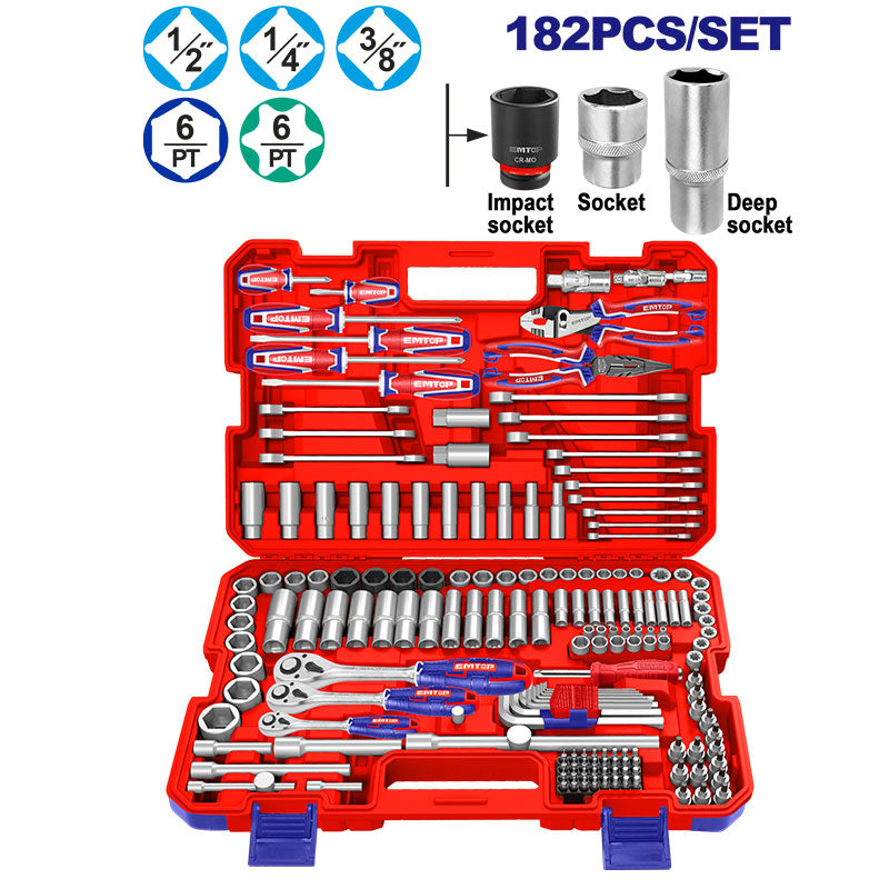 JUEGO DE HERRAMIENTAS PARA MECANICA 182 PIEZAS, DADOS, RATCHETS Y LLAVES COMBINADAS, CON MALETA. EMTOP