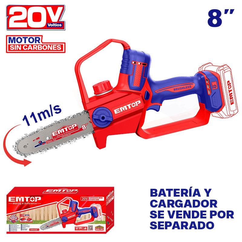 [ELGA2088] - Motosierra Inalambrica Espada De 8 Pulgadas, 20V. Brushless, Sin Bateria Ni Cargador. Emtop
