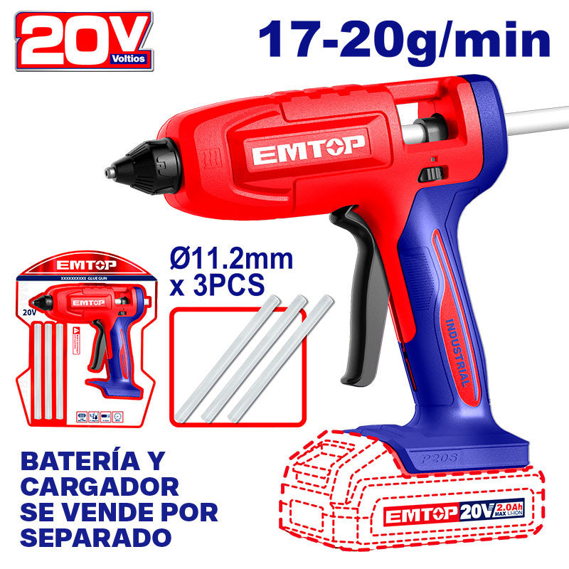 PISTOLA DE SILICON INALAMBRICA 20V. DIAMETRO DEL SILICON 11.2MM, SIN CARGADOR NI BATERIA. BARE TOOL. EMTOP