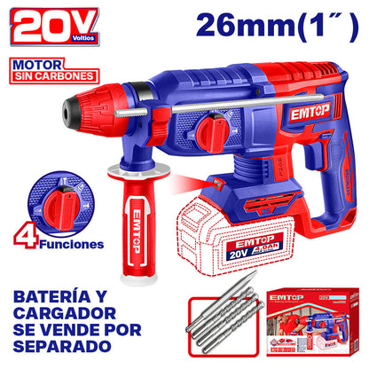 Rotomartillo Inalambrico 20v. Sds Plus, Brushless, 0-1100rpm, 2.5 Joules, Sin Bateria Ni Cargador. Emtop